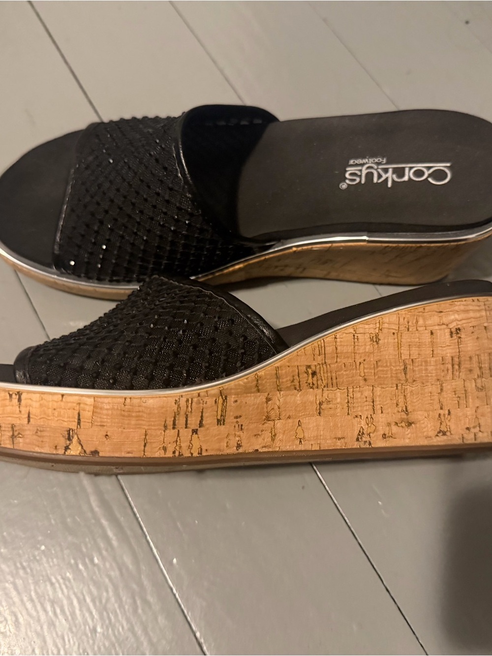 Corkys Black Woven Slide Wedges with Cork Platform